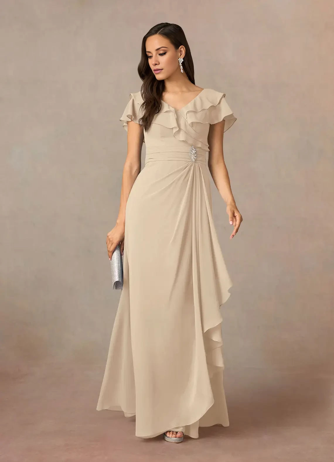 A-Line V-Neck Ruched Chiffon Dress Mother of the Bride Dresses With Beaded