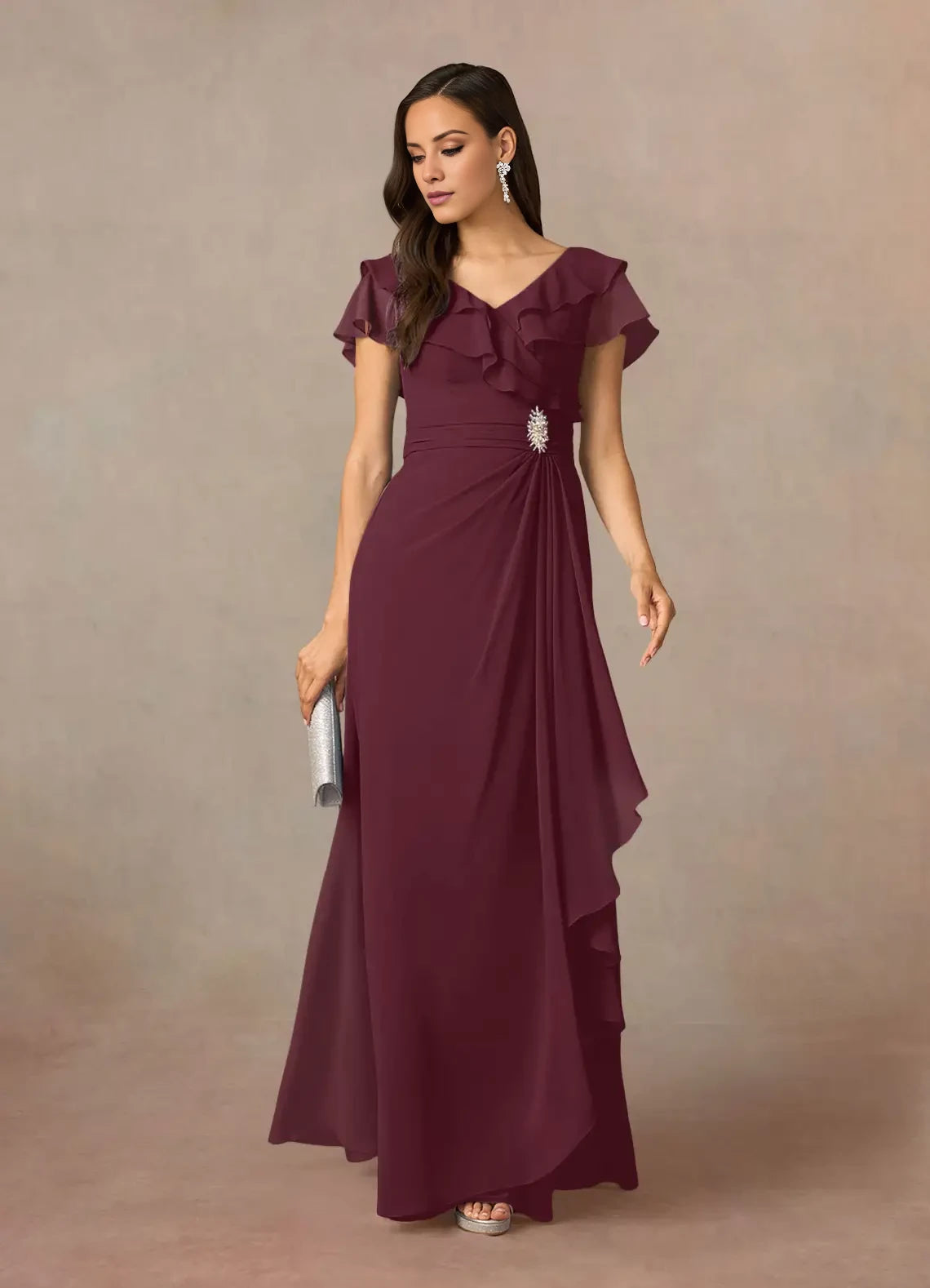 A-Line V-Neck Ruched Chiffon Dress Mother of the Bride Dresses With Beaded