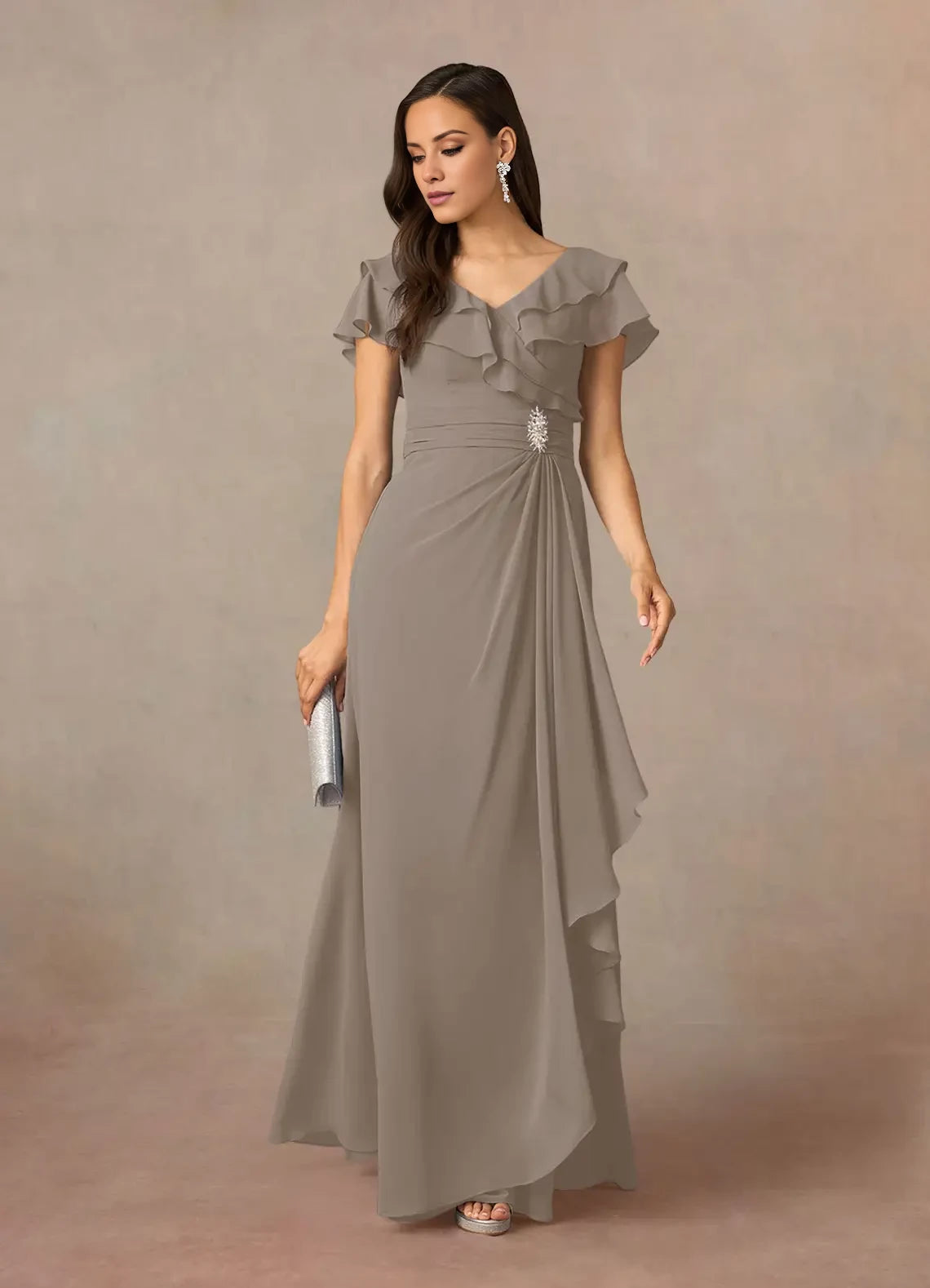 A-Line V-Neck Ruched Chiffon Dress Mother of the Bride Dresses With Beaded