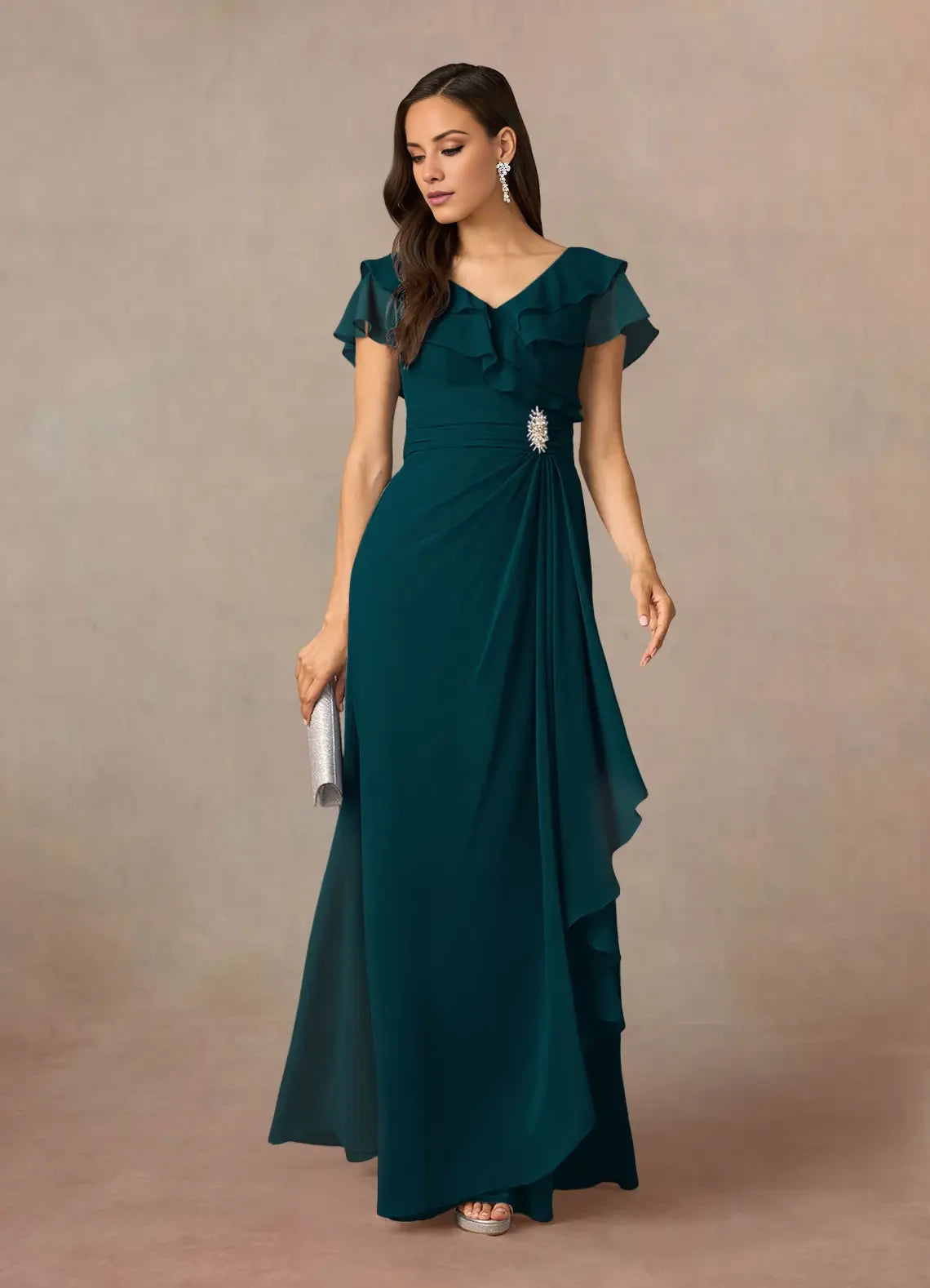 A-Line V-Neck Ruched Chiffon Dress Mother of the Bride Dresses With Beaded