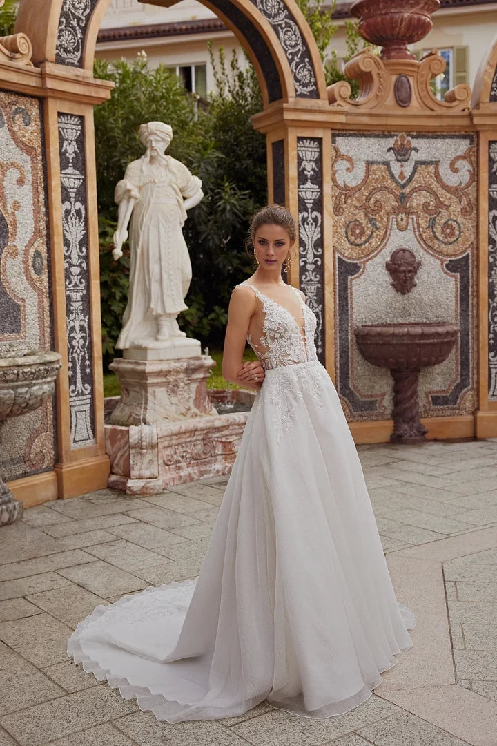 A-Line Wedding Dress with Crushed Organza Skirt and Plunging Neckline Wedding Dresses