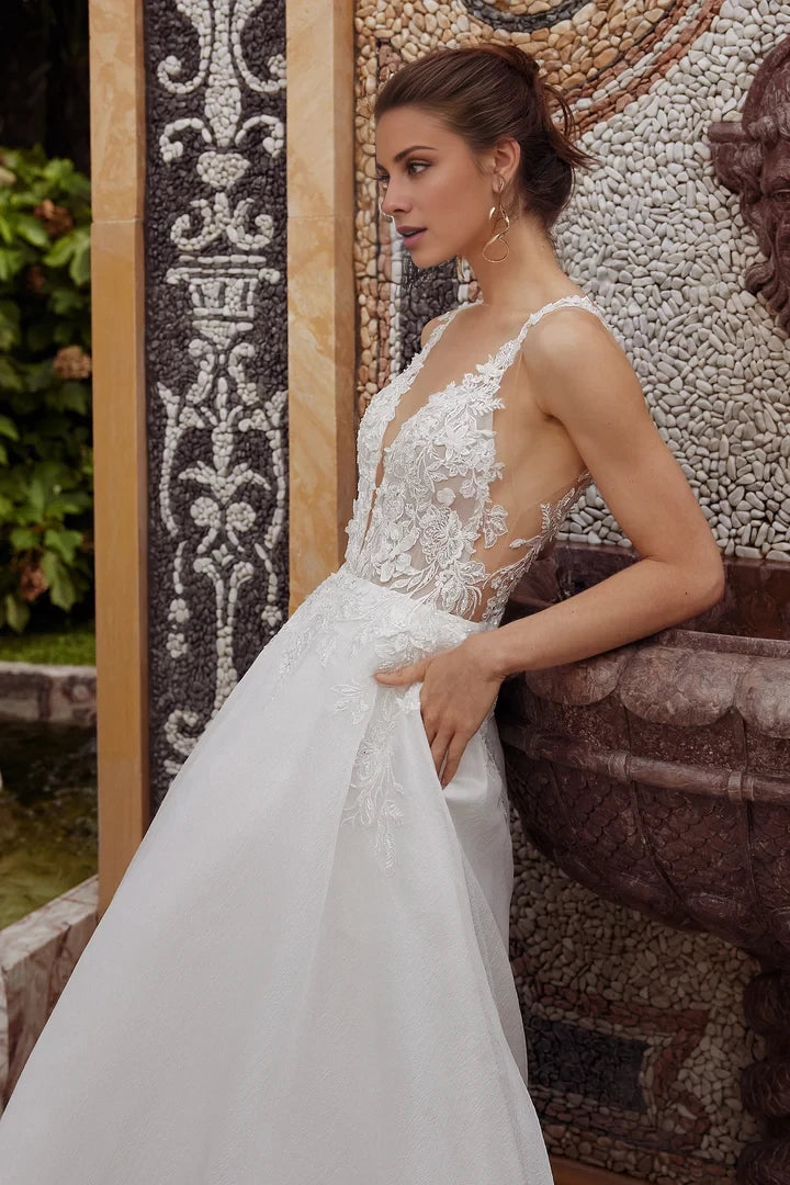 A-Line Wedding Dress with Crushed Organza Skirt and Plunging Neckline Wedding Dresses