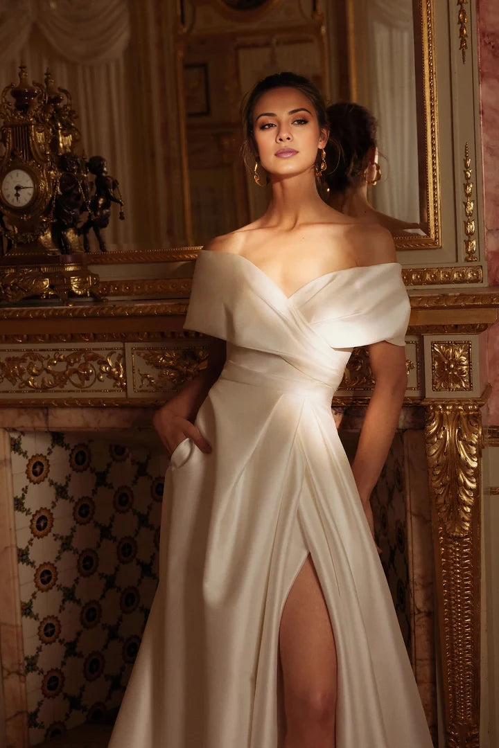 A-Line Wedding Dress with Off The Shoulder Cuff and Skirt Slit Wedding Dresses