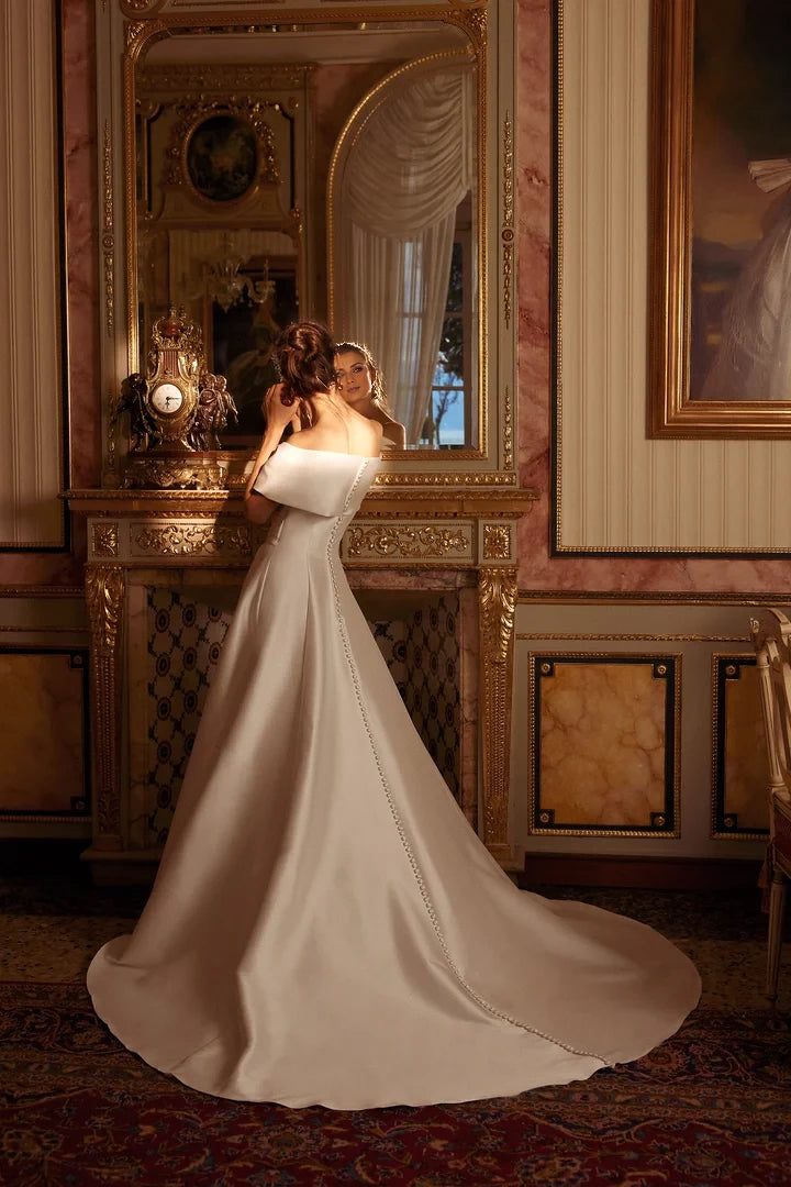 A-Line Wedding Dress with Off The Shoulder Cuff and Skirt Slit Wedding Dresses