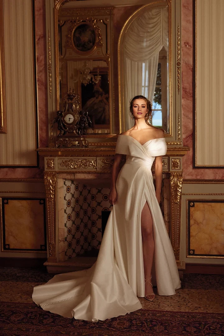 A-Line Wedding Dress with Off The Shoulder Cuff and Skirt Slit Wedding Dresses