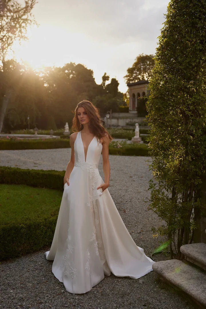 A-Line Wedding Dress with Plunging V-Neckline and Illusion Back Wedding Dresses