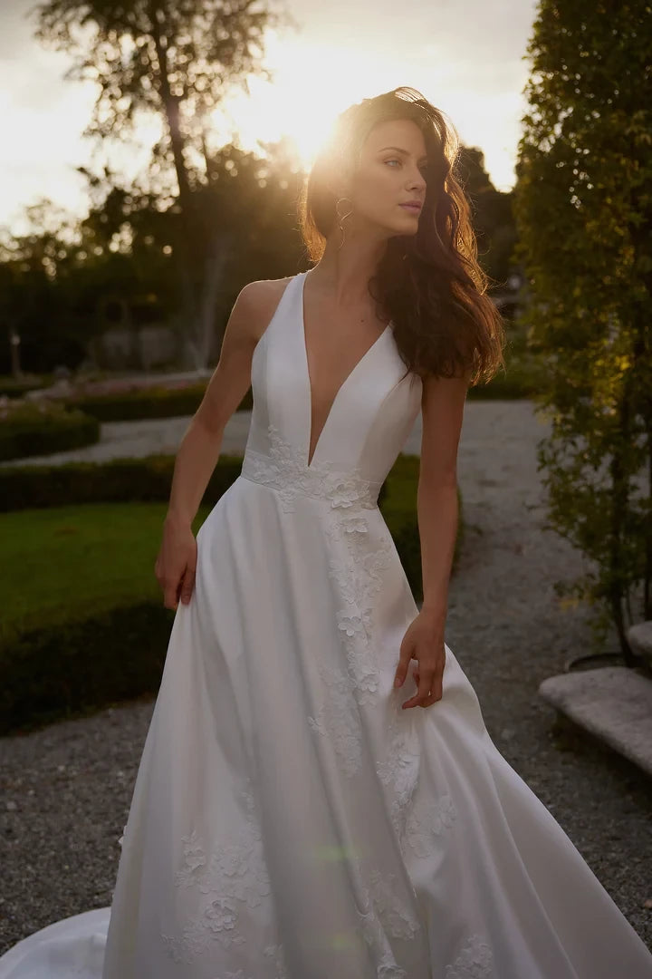A-Line Wedding Dress with Plunging V-Neckline and Illusion Back Wedding Dresses