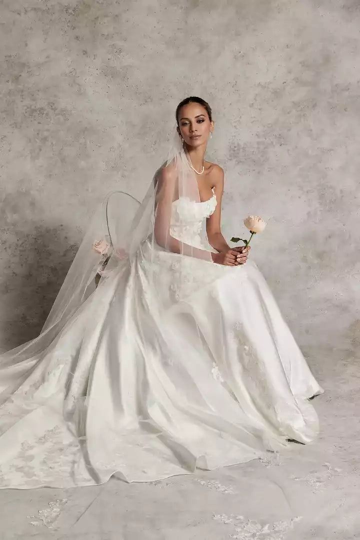 A-Line Wedding Gown with Pointed Scoop Neckline and 3D Flowers  Wedding Dress