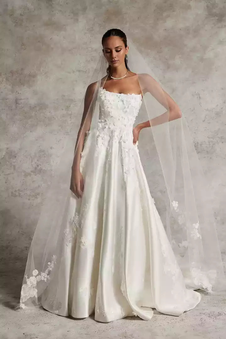 A-Line Wedding Gown with Pointed Scoop Neckline and 3D Flowers  Wedding Dress