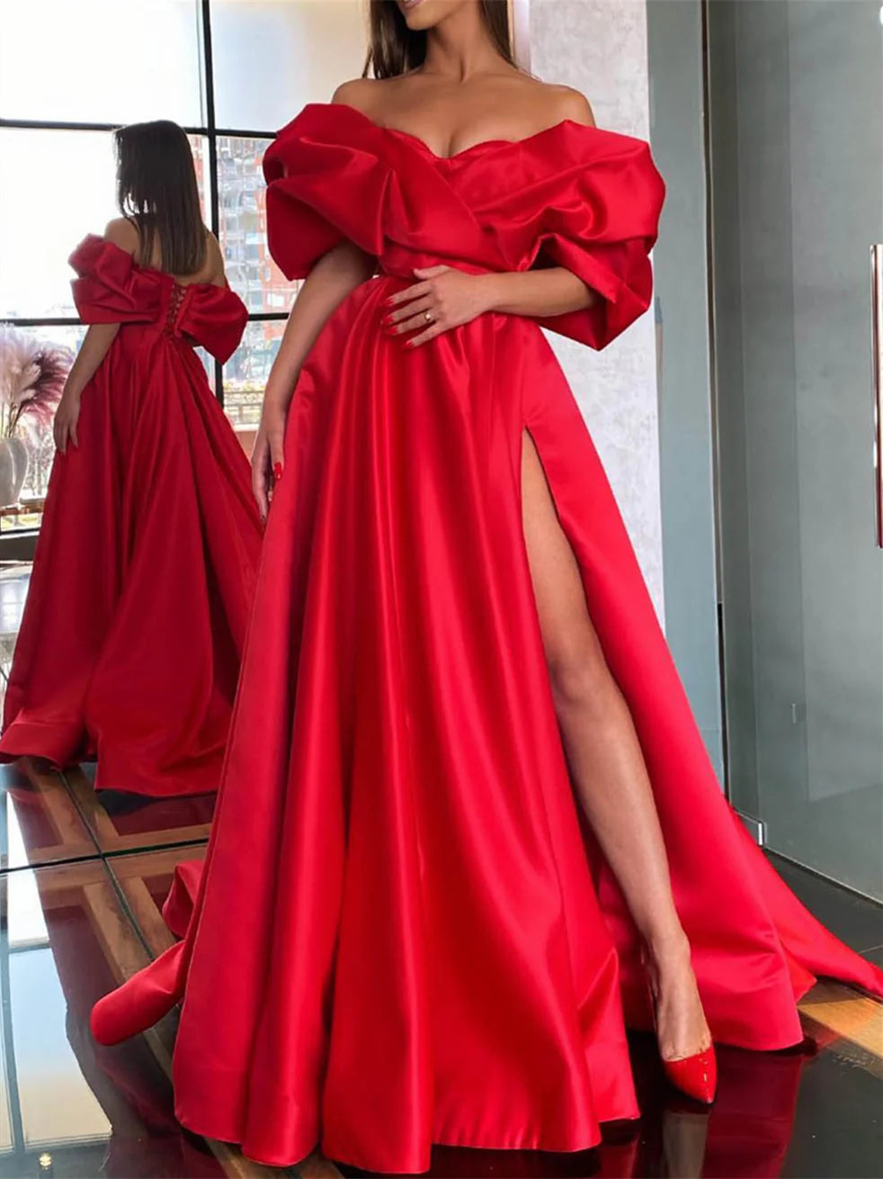 Glamorous Off-the-Shoulder Oversized Bow Ball Gown Evening Dress with Satin Skirt