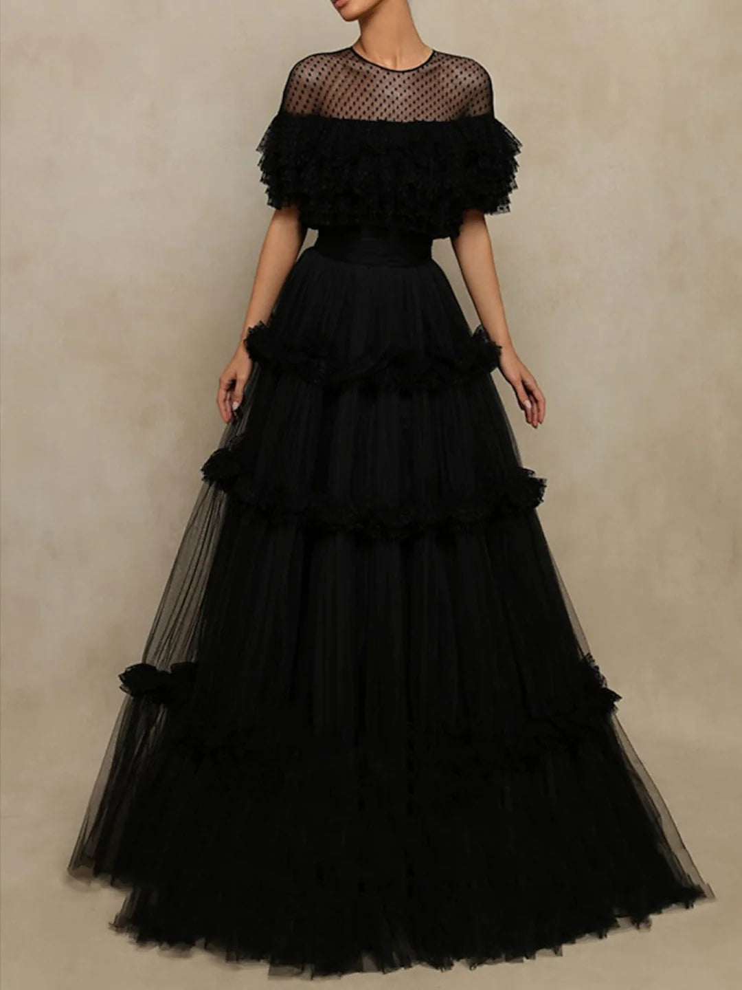 Polka Dot Mesh Evening Dresses with Ruffle Trim, Tiered Tulle Skirt and Floor-Length Formal Gown