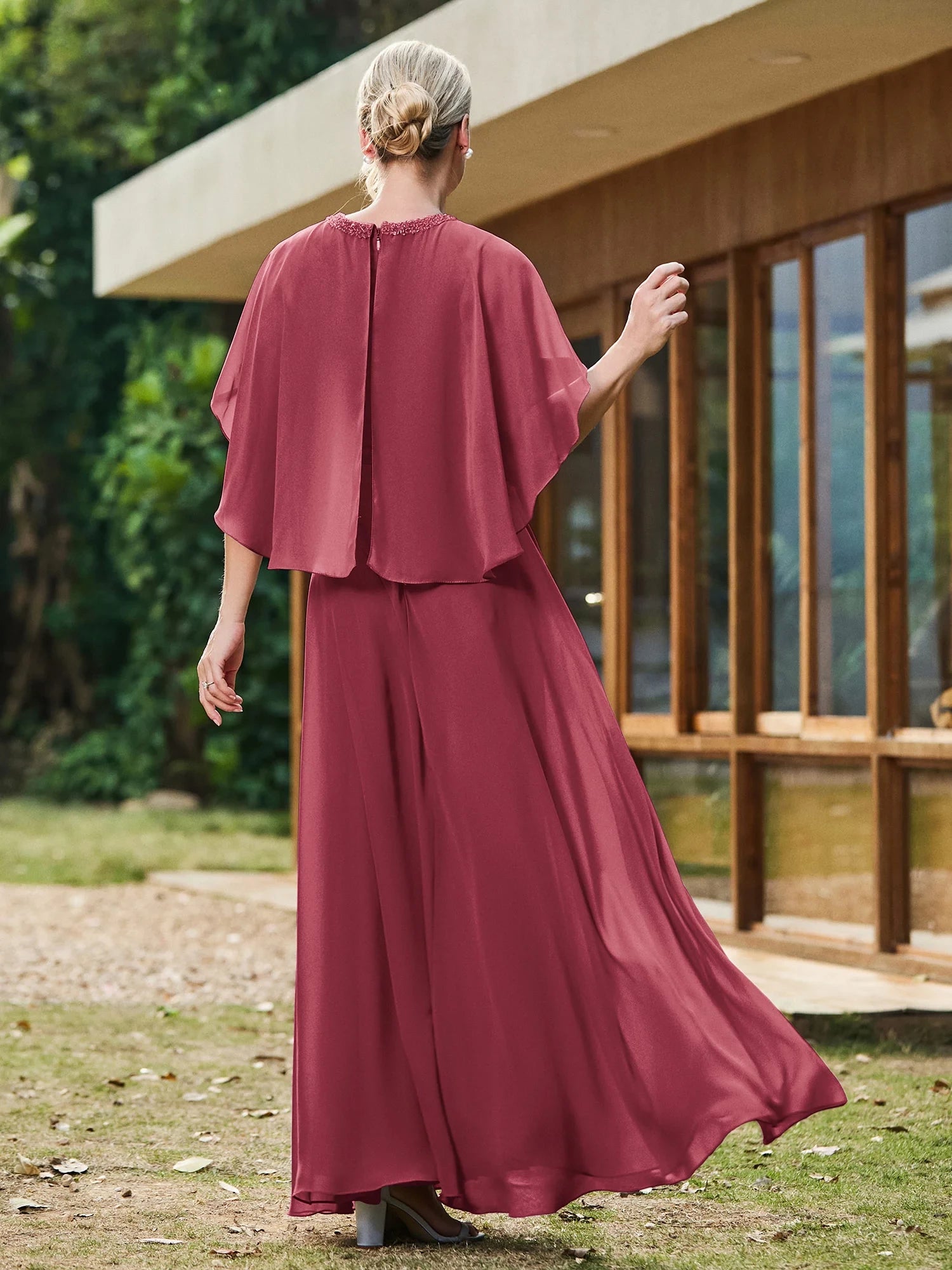 A-line Chiffon Dress with Diamond Neck Cape Dusk Mother of the Bride Dresses