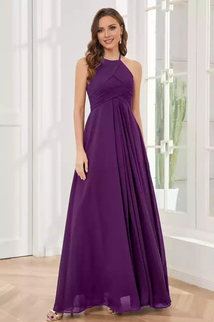 A-line Floor-length Halter Chiffon Bridesmaid Dresses