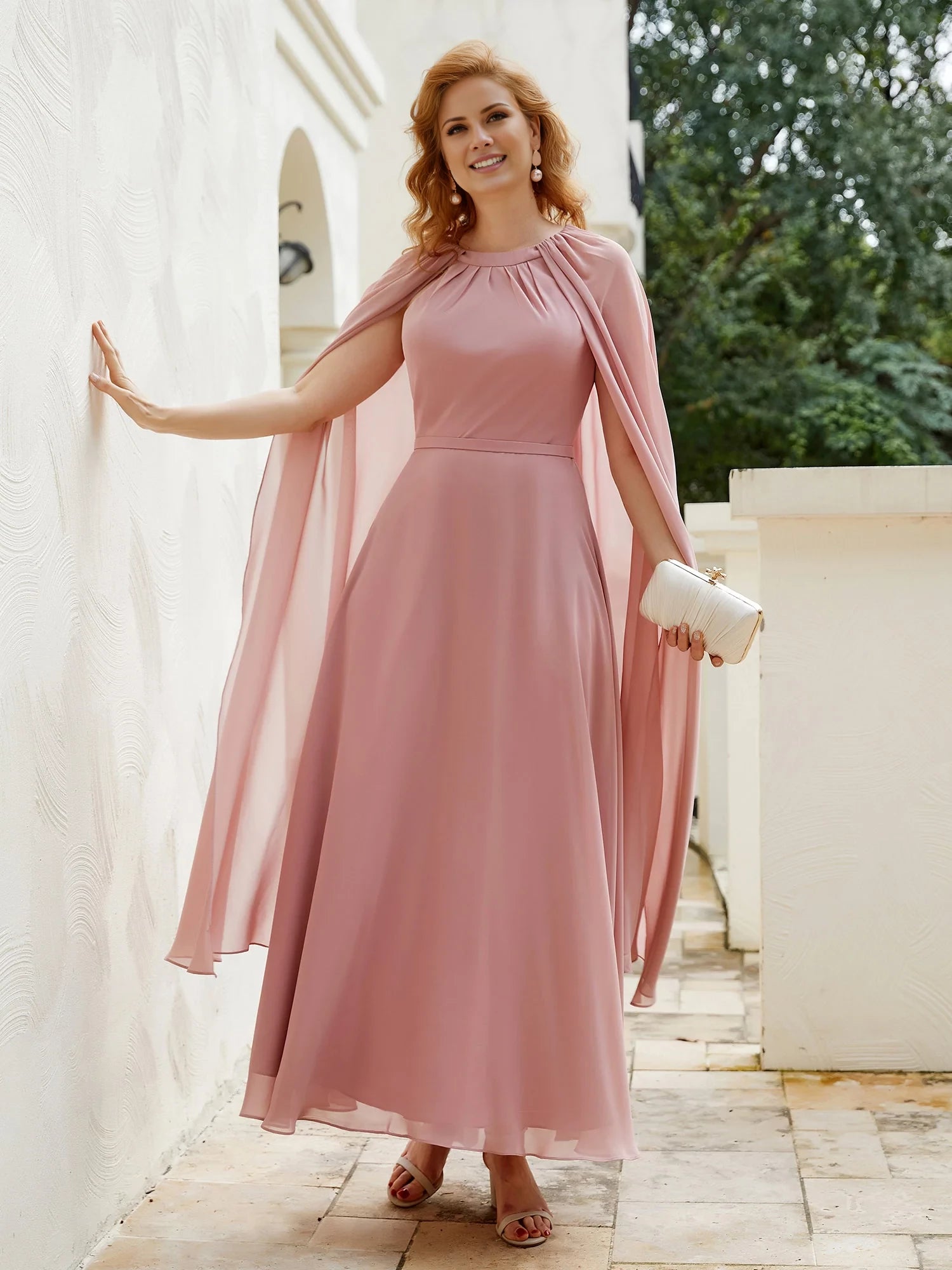 A-line Jewel-Neck Chiffon Dress With Long Cape Mother of the Bride Dresses