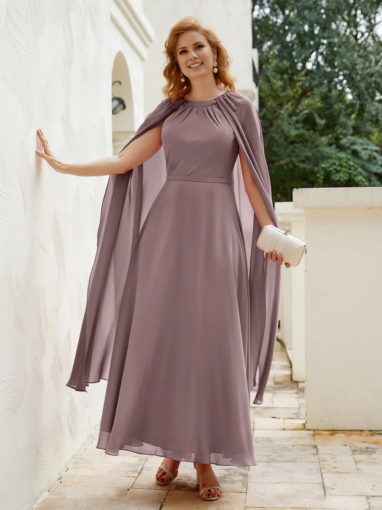 A-line Jewel-Neck Chiffon Dress With Long Cape Mother of the Bride Dresses