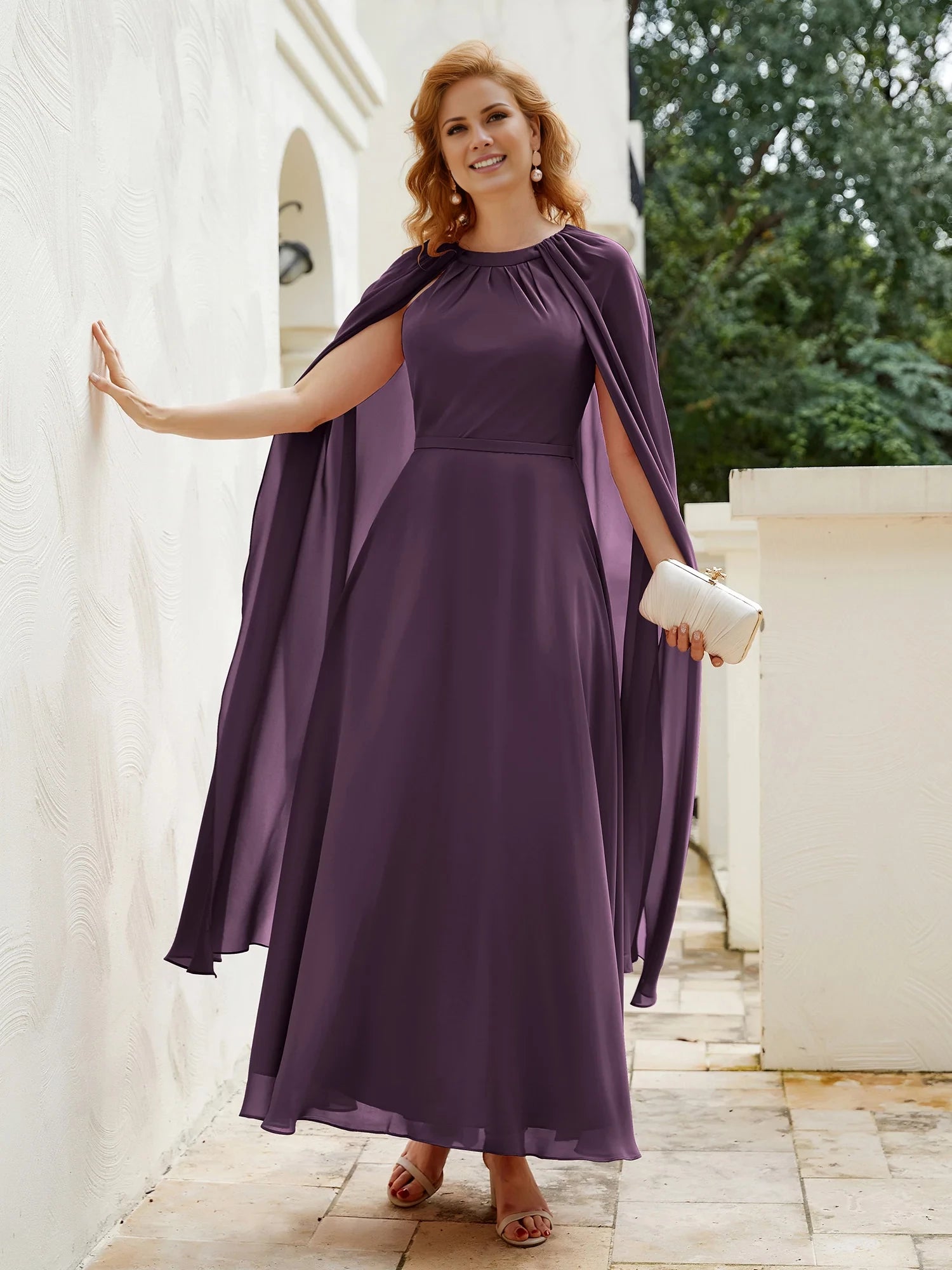 A-line Jewel-Neck Chiffon Dress With Long Cape Mother of the Bride Dresses