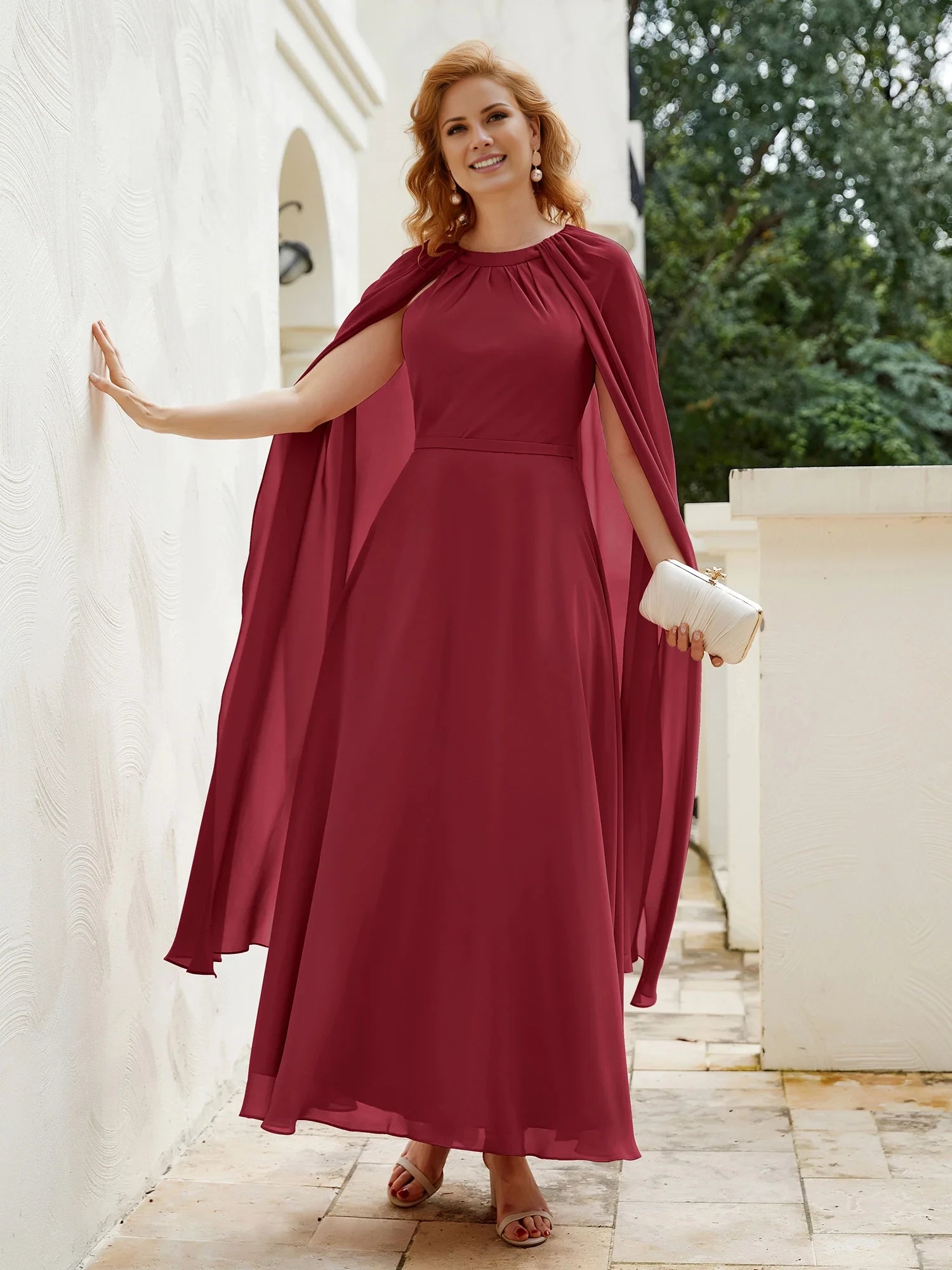 A-line Jewel-Neck Chiffon Dress With Long Cape Mother of the Bride Dresses
