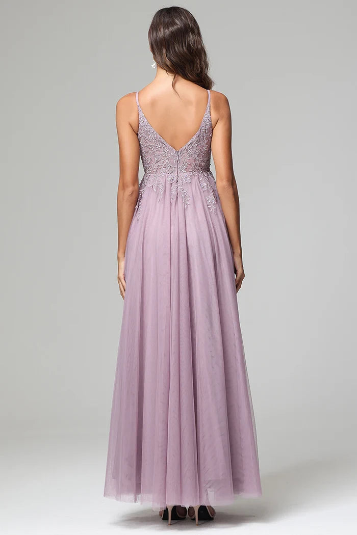 A-line Lace Appliques V-neck Sleeveless Tulle Back Zip Floor-Length Prom Dress