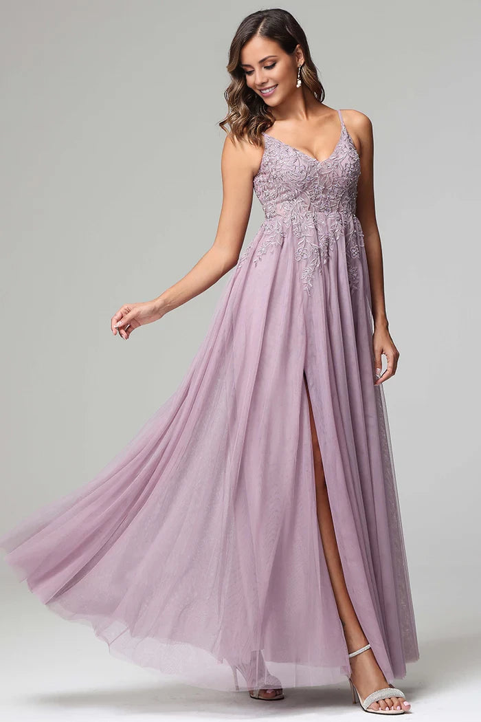 A-line Lace Appliques V-neck Sleeveless Tulle Back Zip Floor-Length Prom Dress