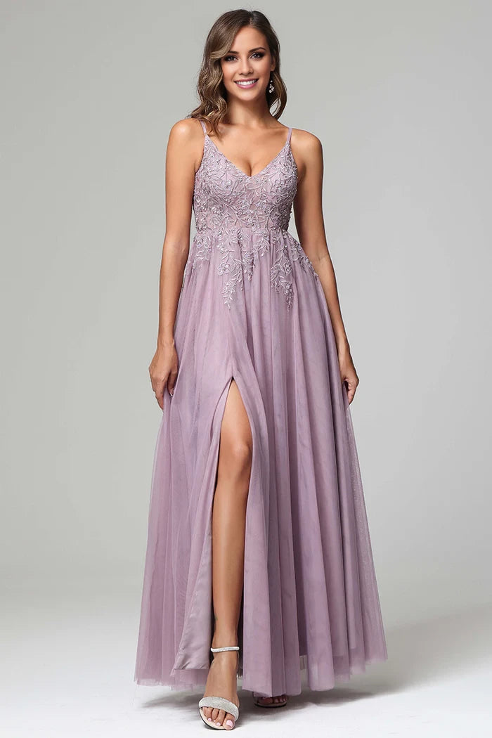 A-line Lace Appliques V-neck Sleeveless Tulle Back Zip Floor-Length Prom Dress