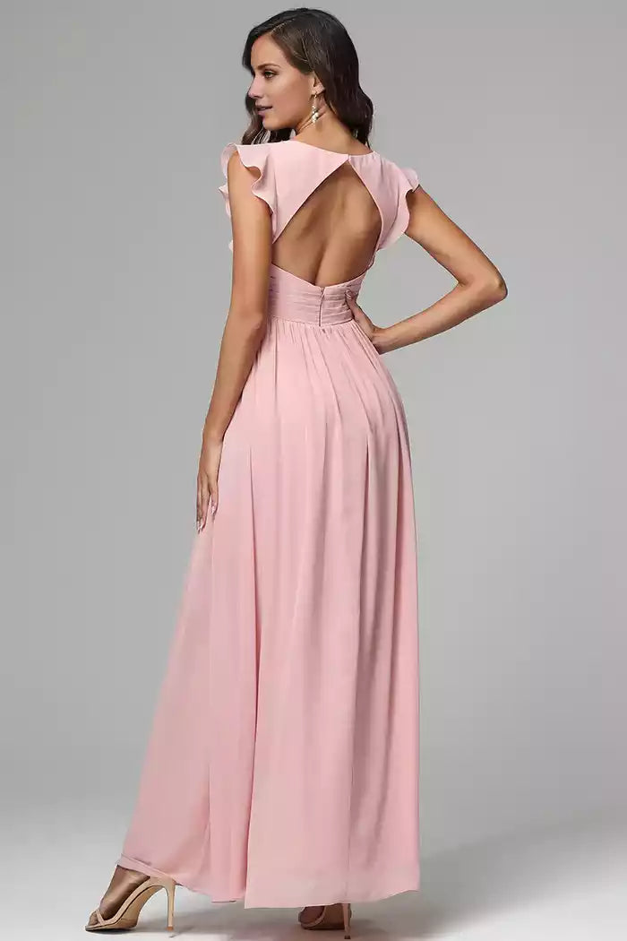 A-line Ruffle Backless Sleeves Chiffon Bridesmaid Dresses
