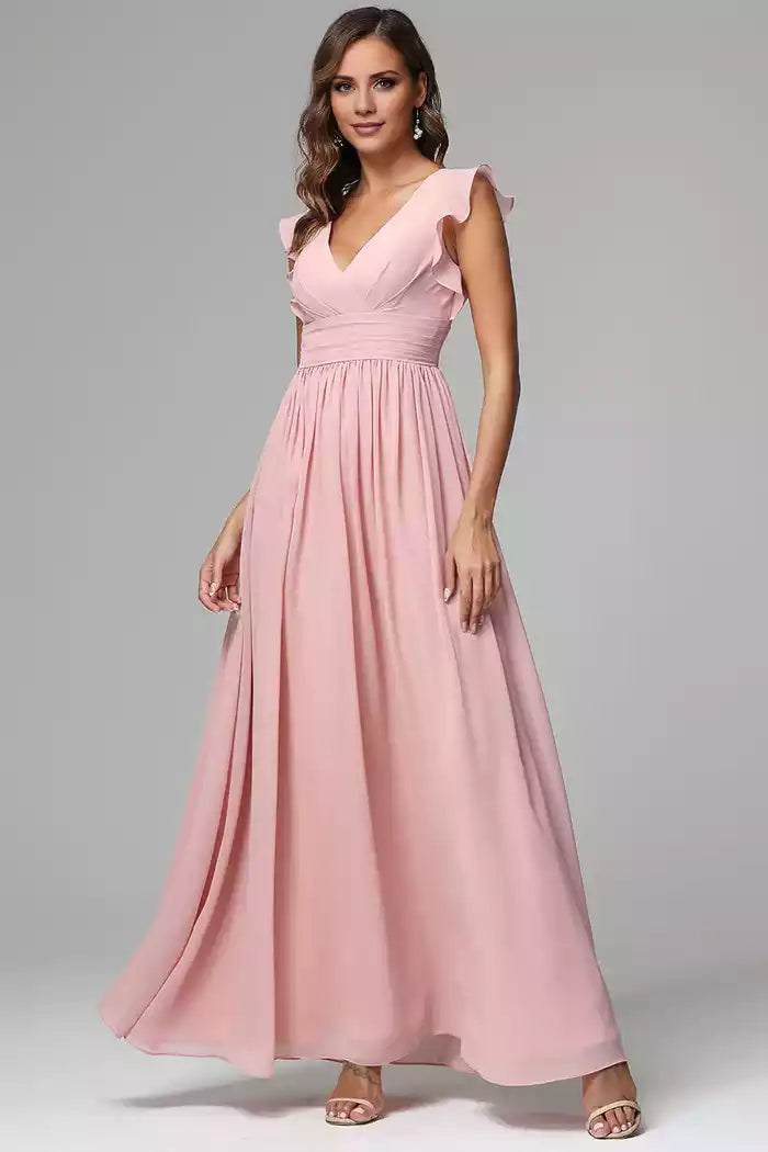 A-line Ruffle Backless Sleeves Chiffon Bridesmaid Dresses