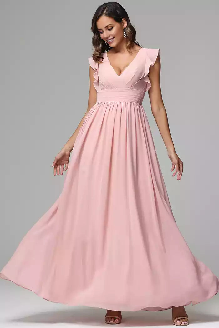 A-line Ruffle Backless Sleeves Chiffon Bridesmaid Dresses