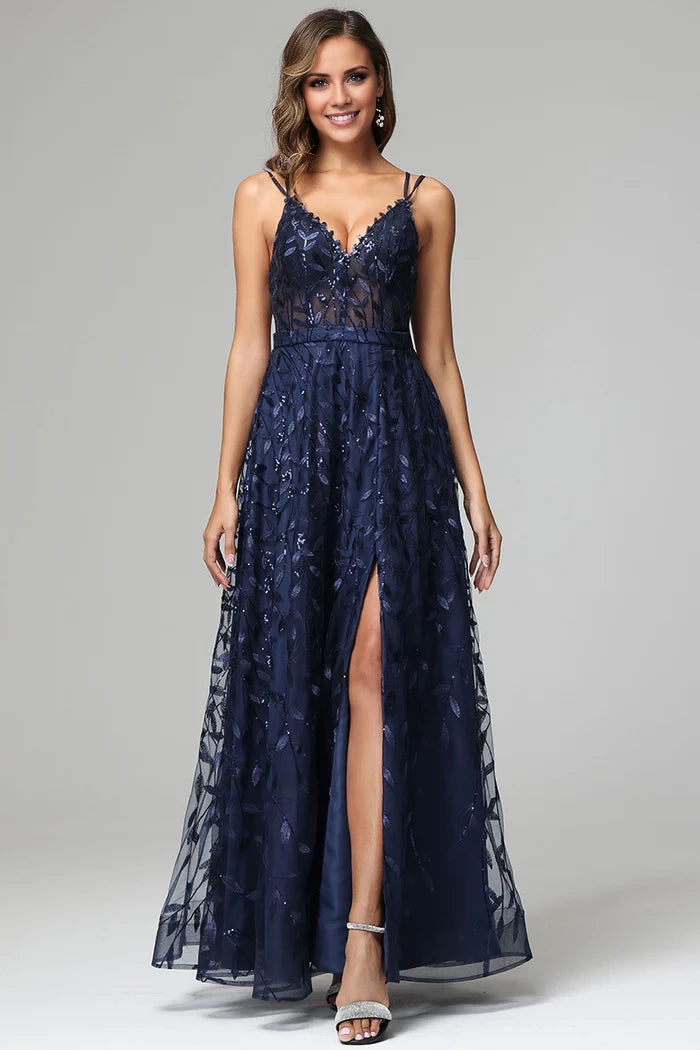 A-line Spaghetti Straps V-neck Lace Back Zip Floor-Length Prom Dresses