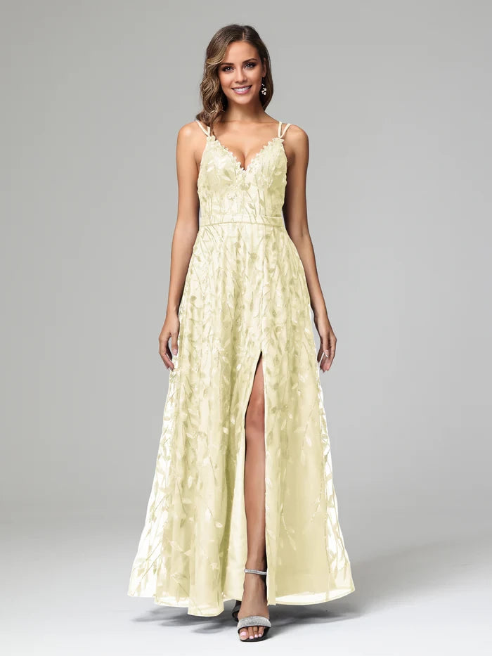 A-line Spaghetti Straps V-neck Lace Back Zip Floor-Length Prom Dresses