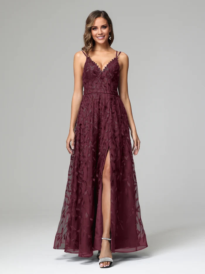 A-line Spaghetti Straps V-neck Lace Back Zip Floor-Length Prom Dresses