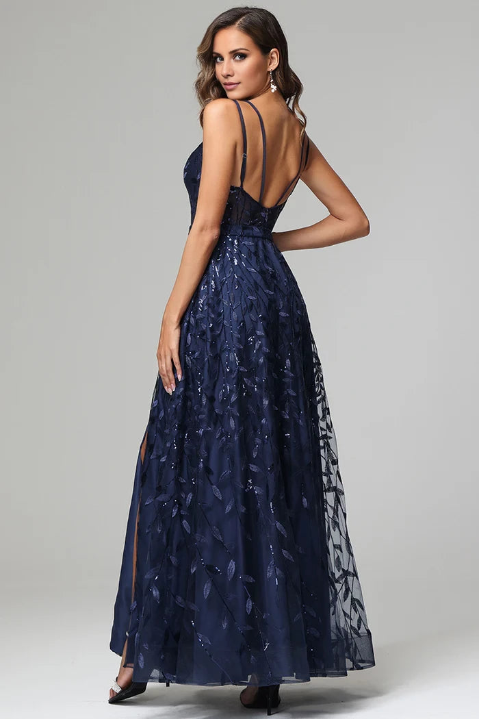 A-line Spaghetti Straps V-neck Lace Back Zip Floor-Length Prom Dresses