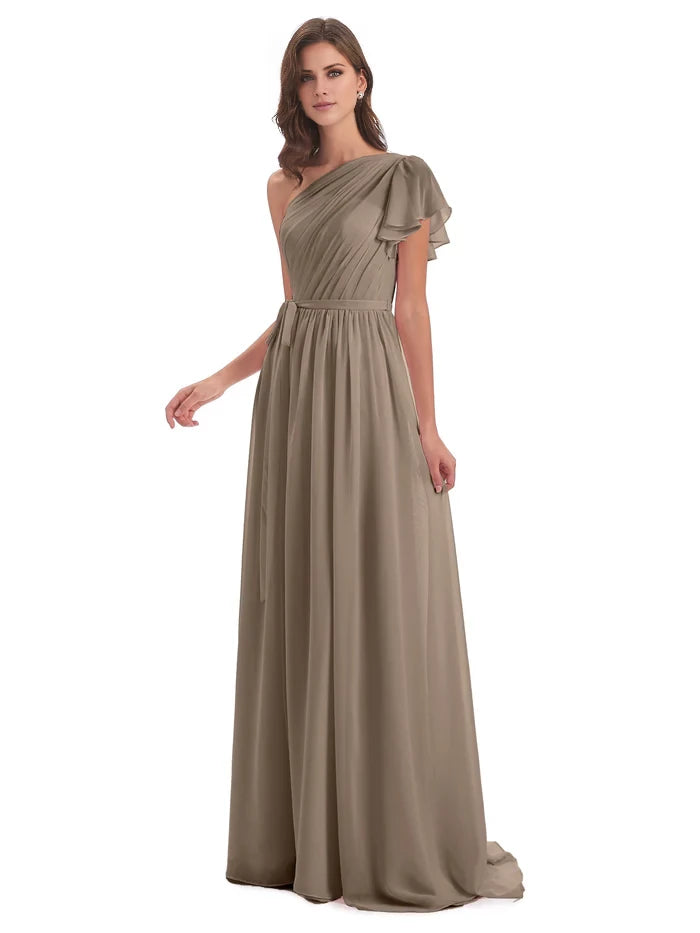 A-line Sweep-Brush Train One Shoulder Chiffon Long Bridesmaid Dresses