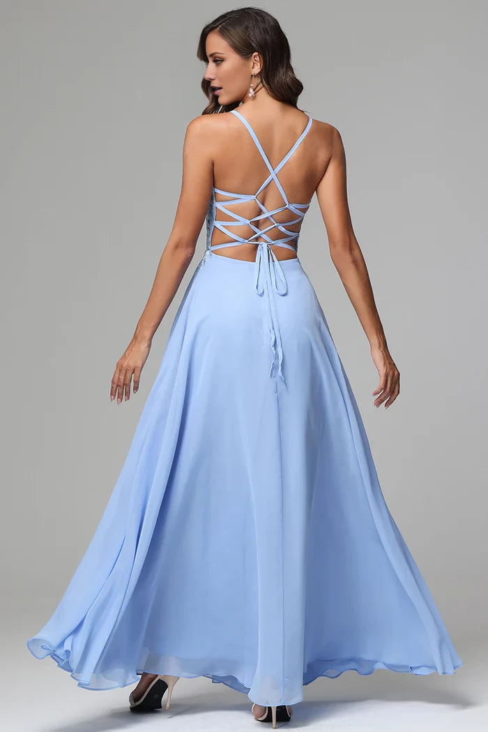A-line V-neck Lace Appliqued Crisscross Back Floor-Length Side Slit Prom Dress