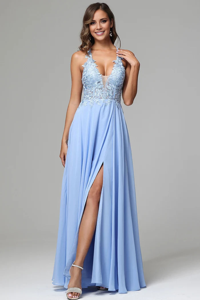 A-line V-neck Lace Appliqued Crisscross Back Floor-Length Side Slit Prom Dress