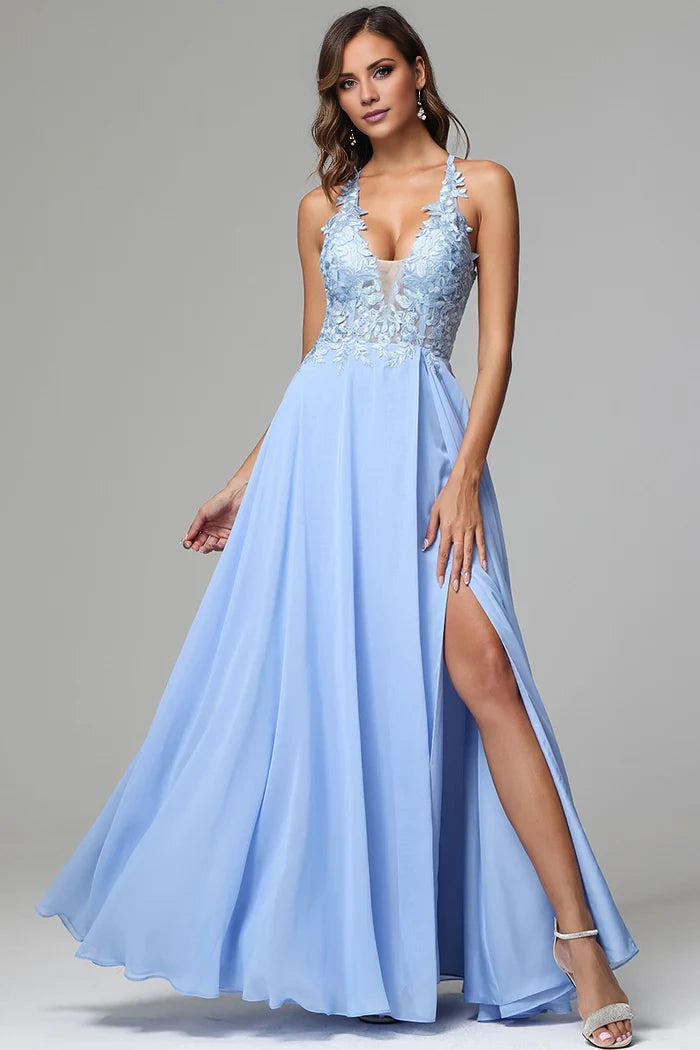 A-line V-neck Lace Appliqued Crisscross Back Floor-Length Side Slit Prom Dress