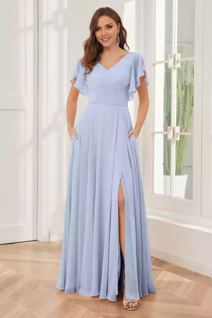 A-line V-neck Ruffle Sleeves Chiffon Bridesmaid Dresses