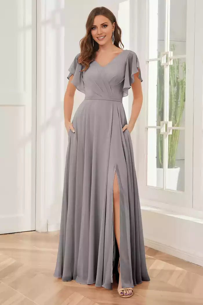 A-line V-neck Ruffle Sleeves Chiffon Bridesmaid Dresses