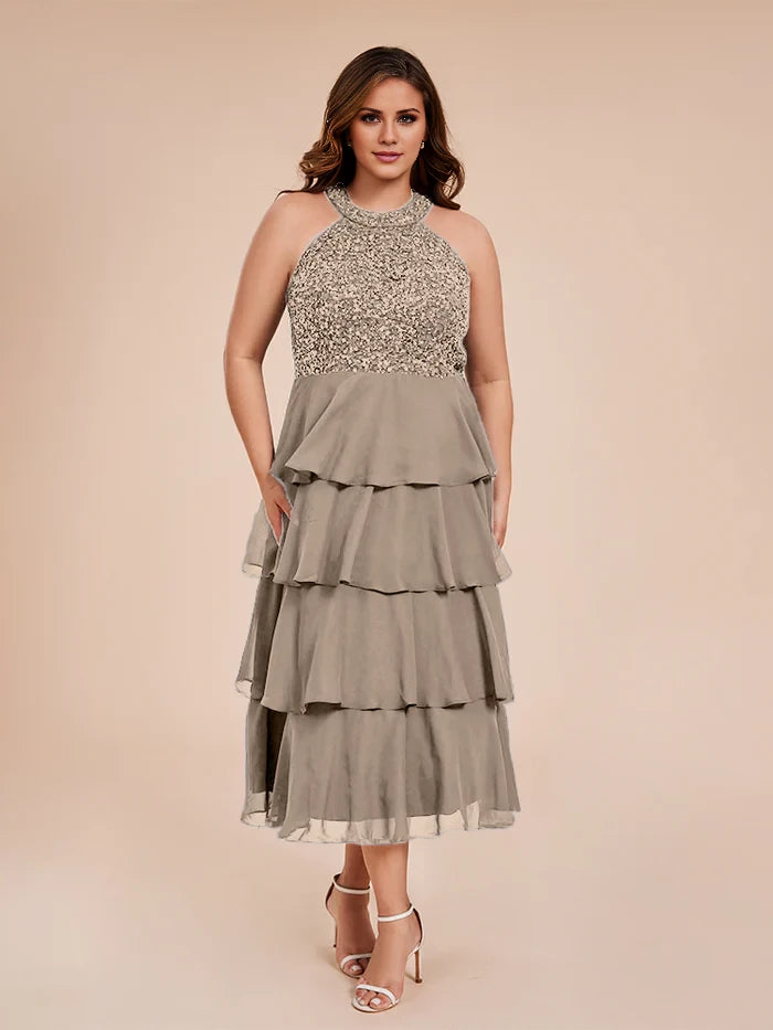 A Line Halter Delicate Beaded Top Layered Chiffon Mother of the Bride Dresses