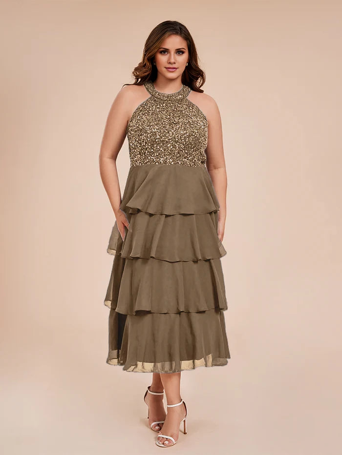A Line Halter Delicate Beaded Top Layered Chiffon Mother of the Bride Dresses