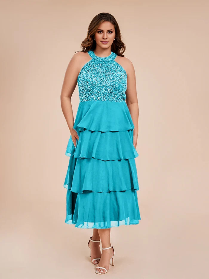 A Line Halter Delicate Beaded Top Layered Chiffon Mother of the Bride Dresses