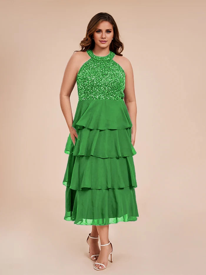 A Line Halter Delicate Beaded Top Layered Chiffon Mother of the Bride Dresses