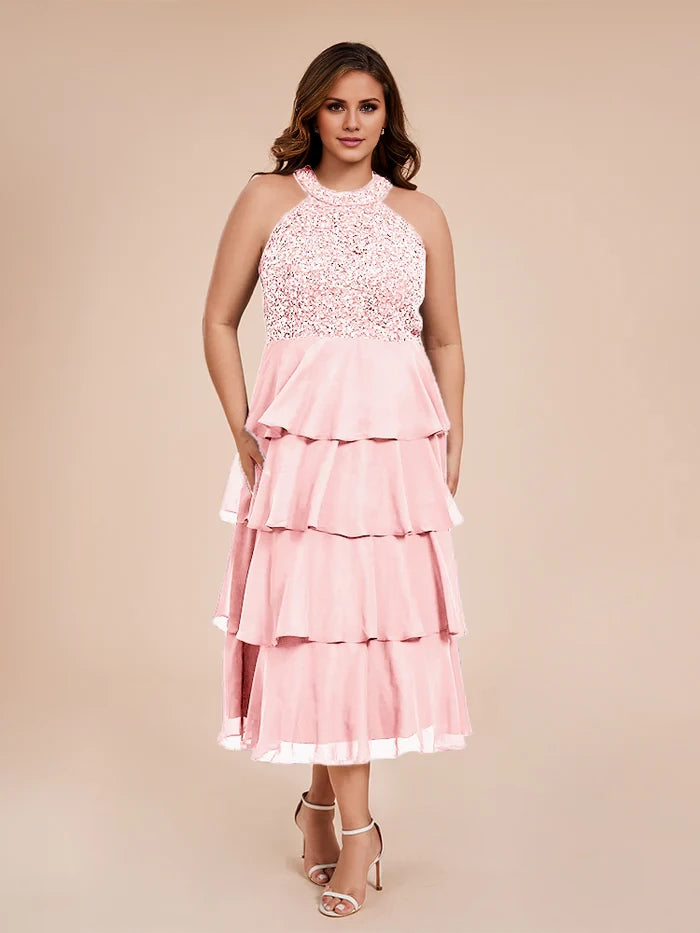 A Line Halter Delicate Beaded Top Layered Chiffon Mother of the Bride Dresses