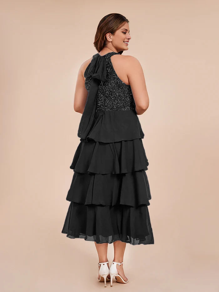 A Line Halter Delicate Beaded Top Layered Chiffon Mother of the Bride Dresses