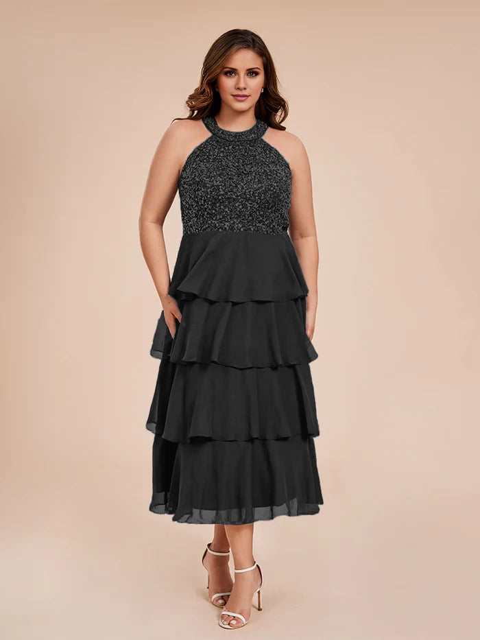 A Line Halter Delicate Beaded Top Layered Chiffon Mother of the Bride Dresses