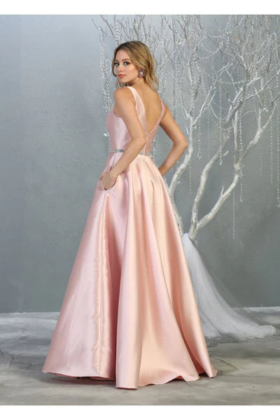 A Line Plunging V Neck  Floor Length Sleeveless Evening Dresses