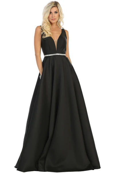 A Line Plunging V Neck  Floor Length Sleeveless Evening Dresses
