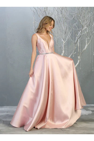 A Line Plunging V Neck  Floor Length Sleeveless Evening Dresses
