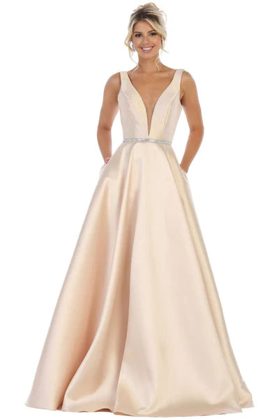A Line Plunging V Neck  Floor Length Sleeveless Evening Dresses