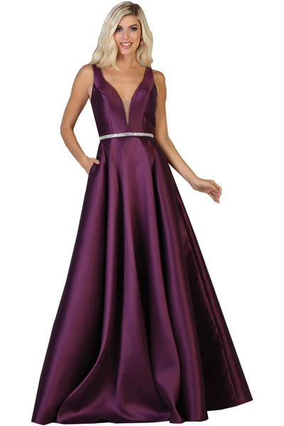 A Line Plunging V Neck  Floor Length Sleeveless Evening Dresses