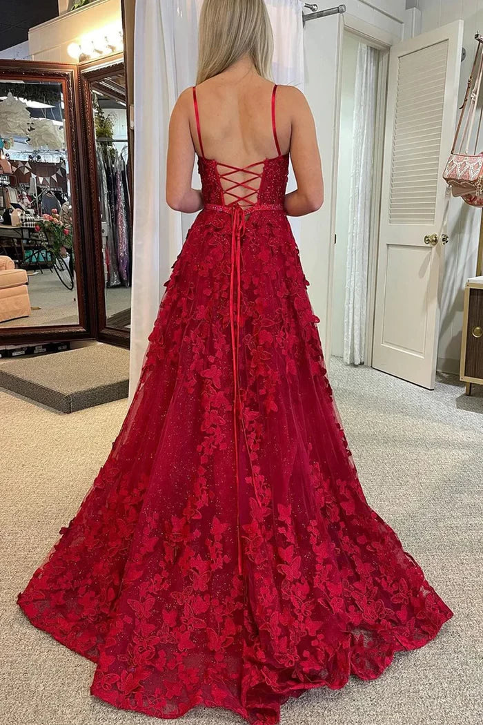 A Line Scoop Neck Sequins Lace Crisscross Back Floor-Length Prom Dresses